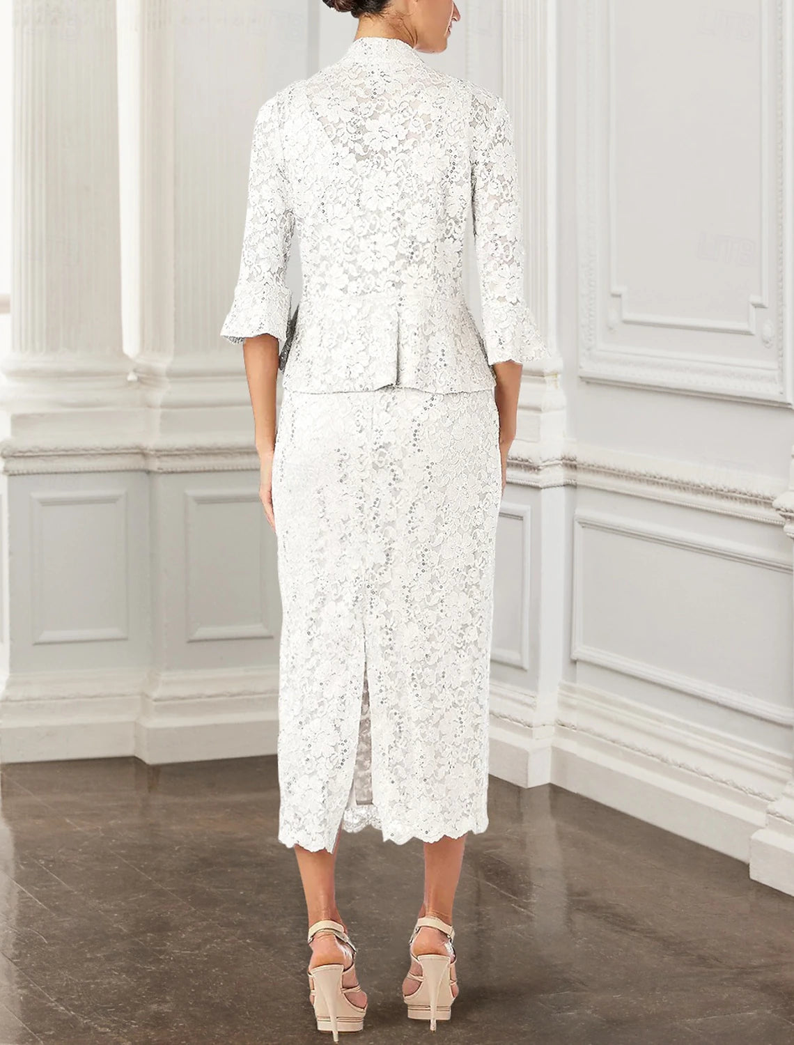 Buyishang Two Piece Sheath Mother of the Bride Dress Elegant Jewel Neck Tea Length Lace 3/4 Length Sleeve Jacket Dresses with Lace